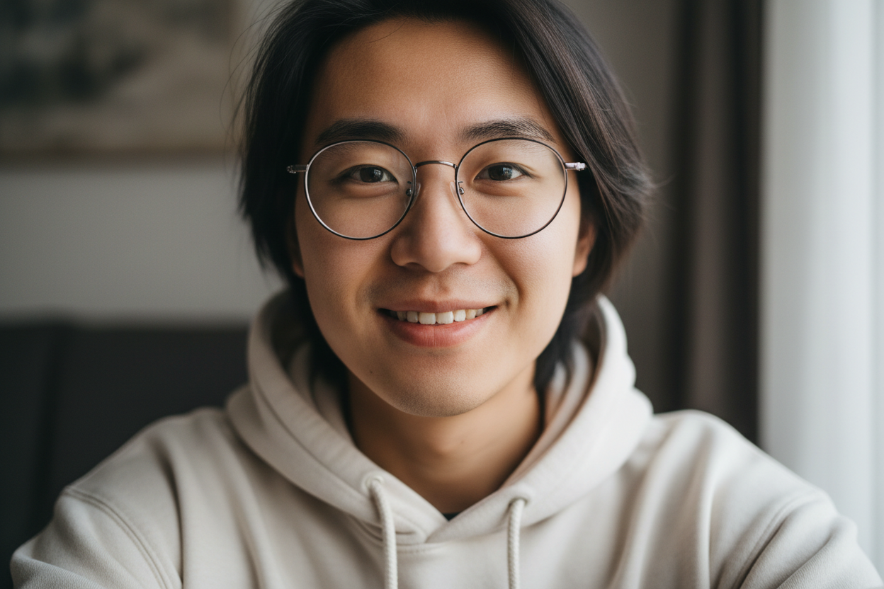 chinees rond 20 jaar met een bril en ziet er nerd achtig uit. Close up en lijkt op een selfie