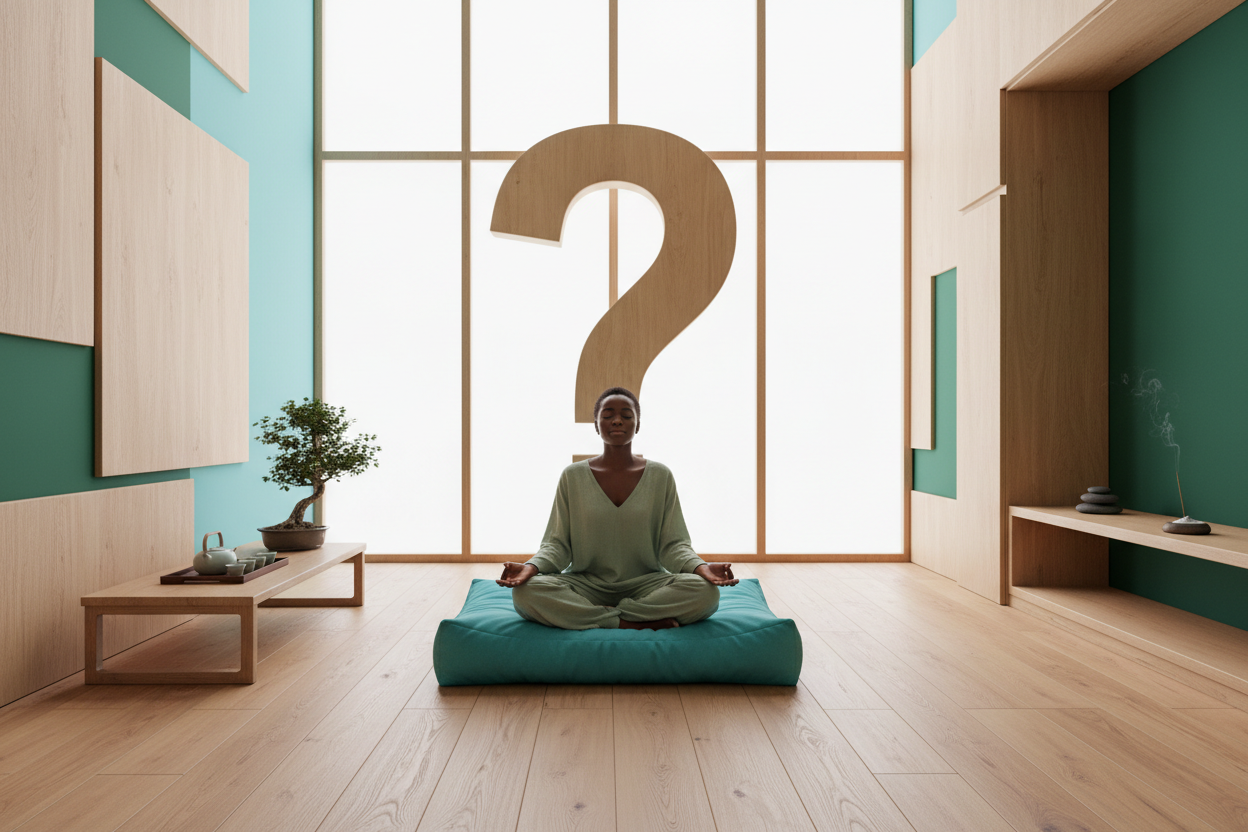 creer een-negeroide vrouw in een zen ruimte. dominante-kleuren-zijn-60c9dd-turquose-3e7e2b-green en houttinten. In de ruimte staat een groot vraagteken.