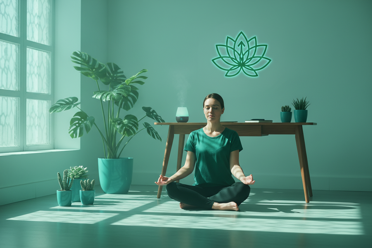 een afbeelding over productiviteit en focus met meditatie. Het bevalt kleuren turquoise #60c9dd en groen #3e7e2b