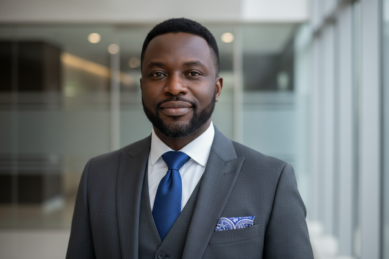 ghanese man van rond 40 jaar, close up zakelijke uitstraling in pak