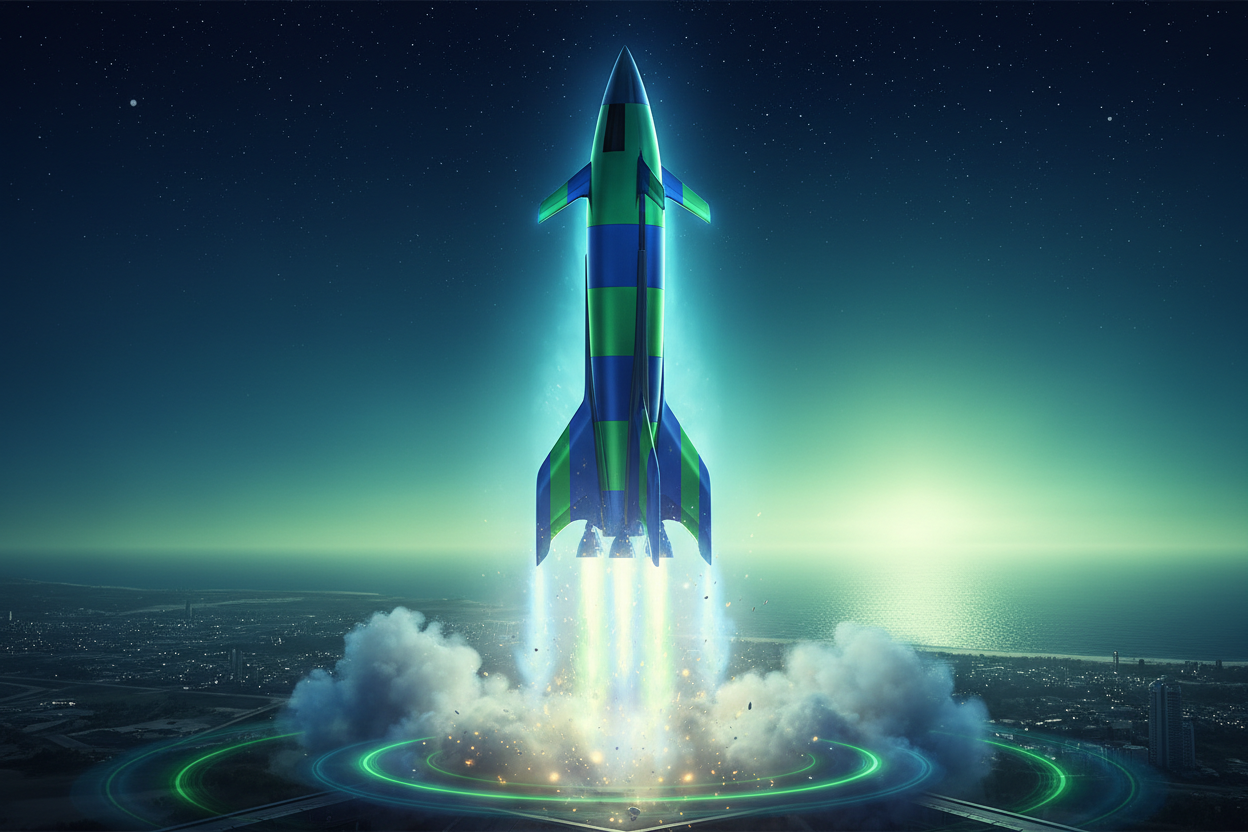 het lanceren van een missie. Zorg voor een raket in groene en blauwe kleuren